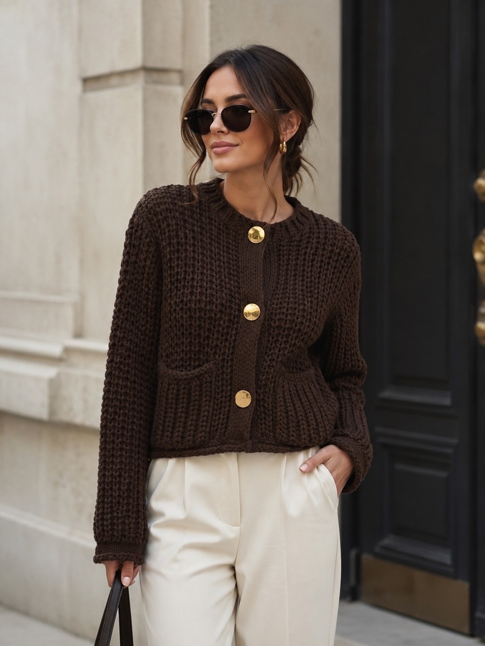 Chunky Brown Knit Cardigan with Statement Buttons